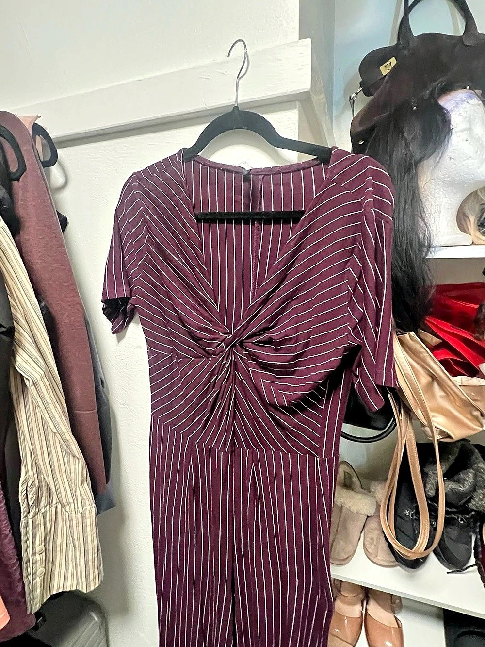 Bershka Striped Twist Front Midi Dress Purple & White Medium